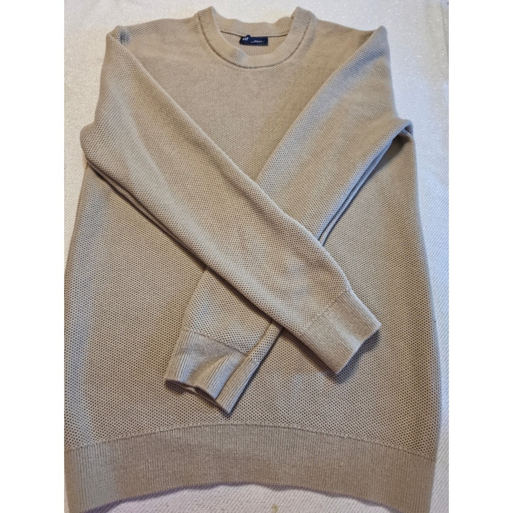 Gap Mens Crewneck Sweater Medium Tan Beige Textured Waffle Knit Long Sleeve